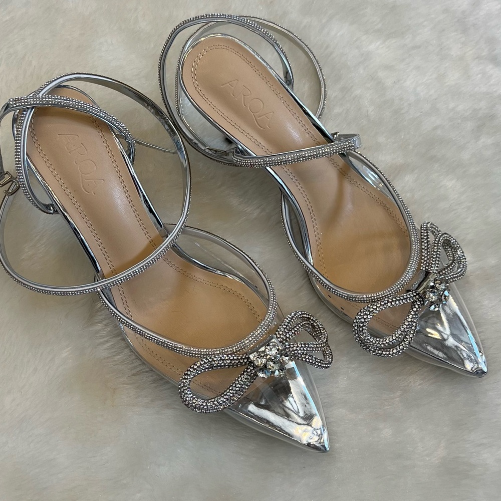 AROA Sexy Strappy Heels Clear Bow Silver Stiletto